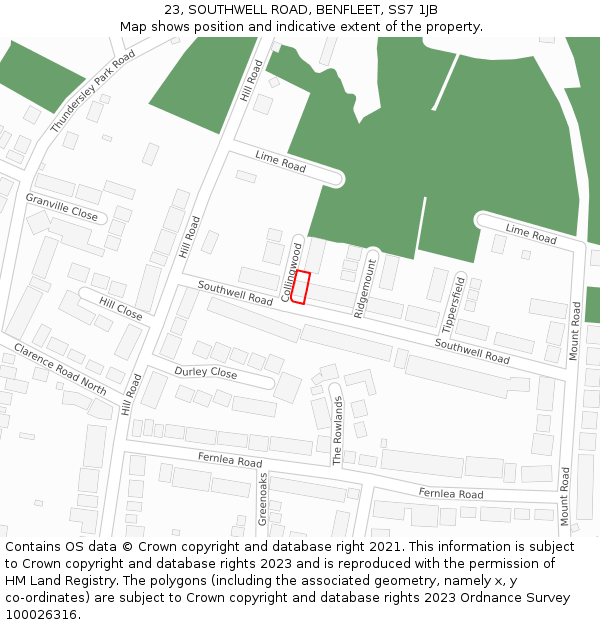 23, SOUTHWELL ROAD, BENFLEET, SS7 1JB: Location map and indicative extent of plot