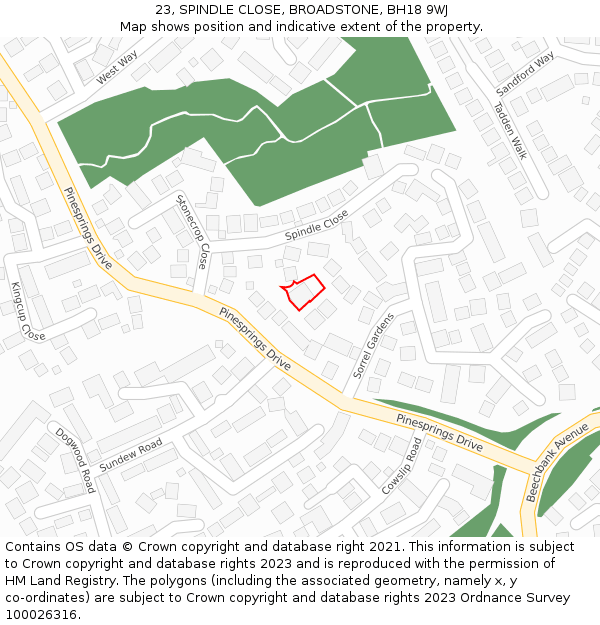 23, SPINDLE CLOSE, BROADSTONE, BH18 9WJ: Location map and indicative extent of plot