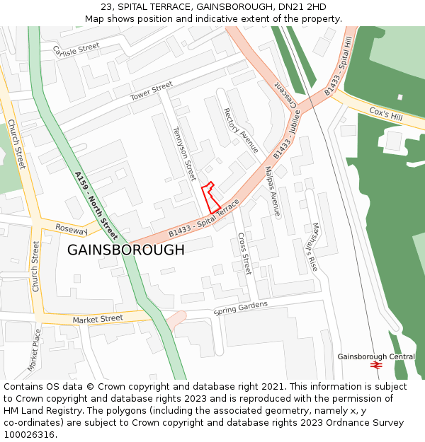 23, SPITAL TERRACE, GAINSBOROUGH, DN21 2HD: Location map and indicative extent of plot