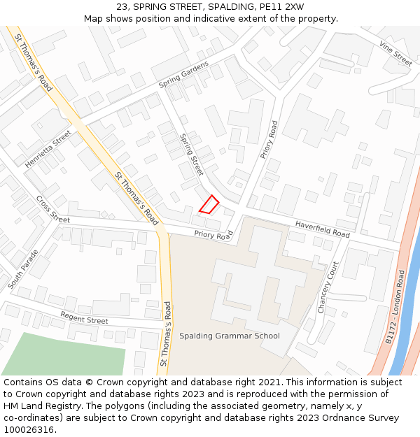 23, SPRING STREET, SPALDING, PE11 2XW: Location map and indicative extent of plot