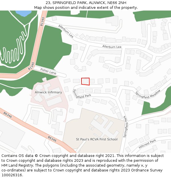 23, SPRINGFIELD PARK, ALNWICK, NE66 2NH: Location map and indicative extent of plot