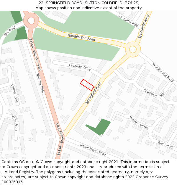 23, SPRINGFIELD ROAD, SUTTON COLDFIELD, B76 2SJ: Location map and indicative extent of plot