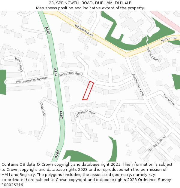 23, SPRINGWELL ROAD, DURHAM, DH1 4LR: Location map and indicative extent of plot
