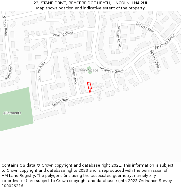 23, STANE DRIVE, BRACEBRIDGE HEATH, LINCOLN, LN4 2UL: Location map and indicative extent of plot