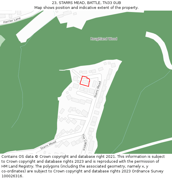 23, STARRS MEAD, BATTLE, TN33 0UB: Location map and indicative extent of plot