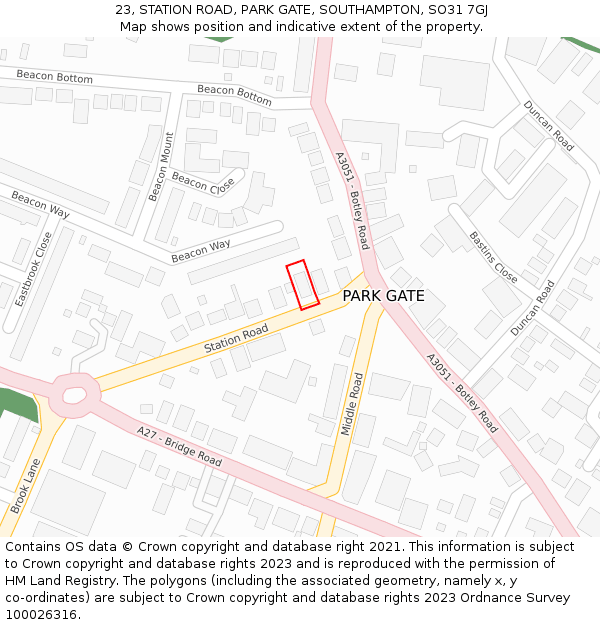 23, STATION ROAD, PARK GATE, SOUTHAMPTON, SO31 7GJ: Location map and indicative extent of plot
