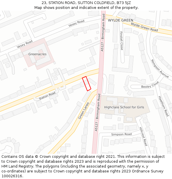 23, STATION ROAD, SUTTON COLDFIELD, B73 5JZ: Location map and indicative extent of plot