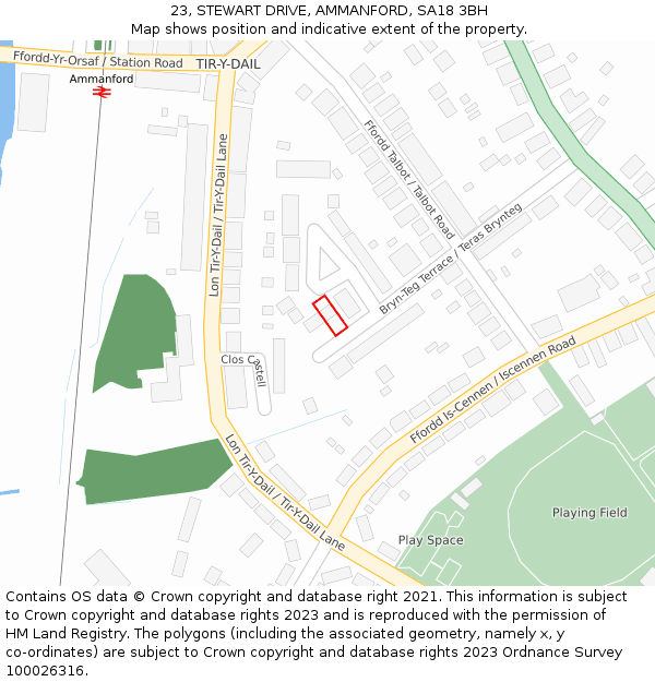 23, STEWART DRIVE, AMMANFORD, SA18 3BH: Location map and indicative extent of plot