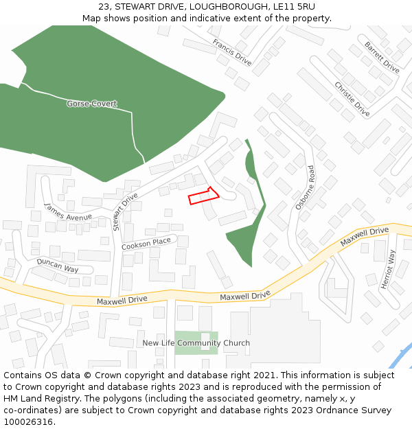 23, STEWART DRIVE, LOUGHBOROUGH, LE11 5RU: Location map and indicative extent of plot