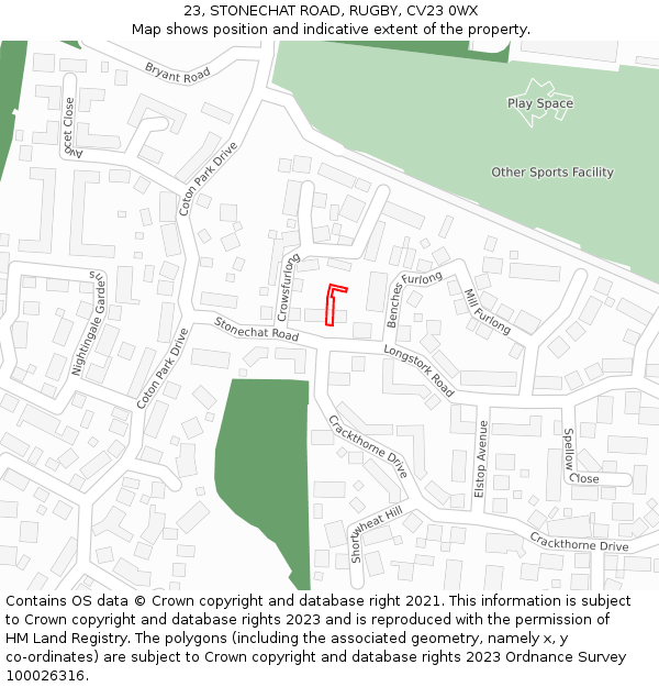 23, STONECHAT ROAD, RUGBY, CV23 0WX: Location map and indicative extent of plot