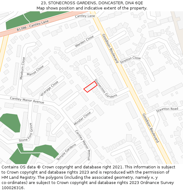 23, STONECROSS GARDENS, DONCASTER, DN4 6QE: Location map and indicative extent of plot