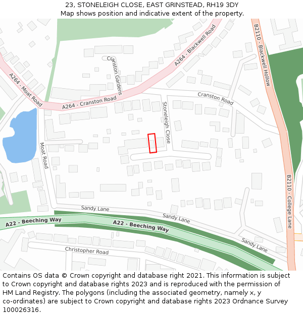 23, STONELEIGH CLOSE, EAST GRINSTEAD, RH19 3DY: Location map and indicative extent of plot