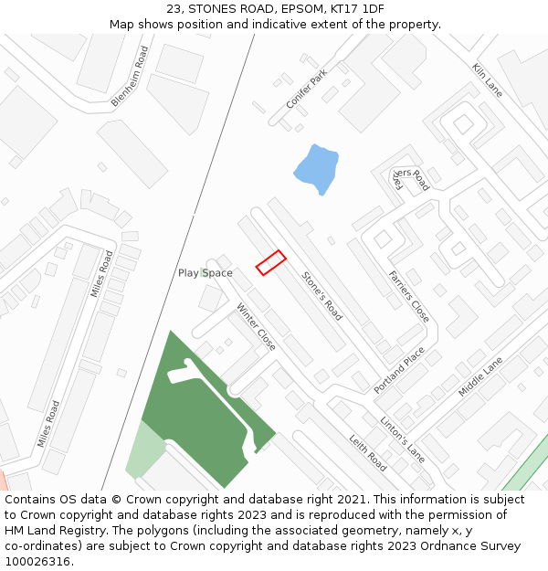 23, STONES ROAD, EPSOM, KT17 1DF: Location map and indicative extent of plot