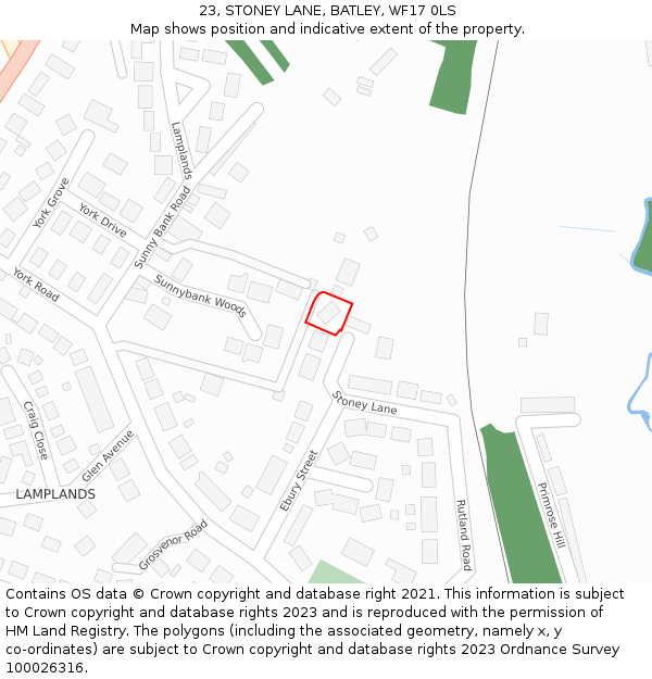 23, STONEY LANE, BATLEY, WF17 0LS: Location map and indicative extent of plot