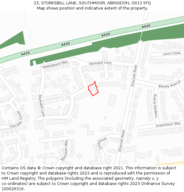 23, STORKSBILL LANE, SOUTHMOOR, ABINGDON, OX13 5FQ: Location map and indicative extent of plot