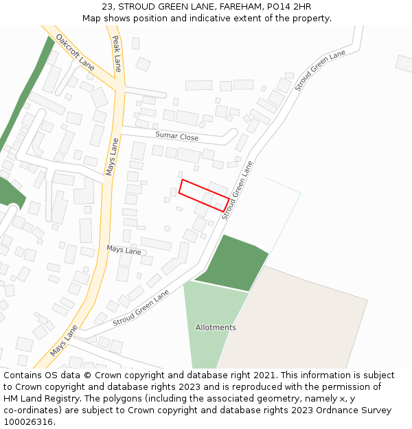 23, STROUD GREEN LANE, FAREHAM, PO14 2HR: Location map and indicative extent of plot