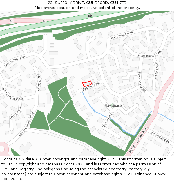 23, SUFFOLK DRIVE, GUILDFORD, GU4 7FD: Location map and indicative extent of plot