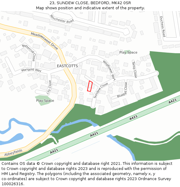 23, SUNDEW CLOSE, BEDFORD, MK42 0SR: Location map and indicative extent of plot