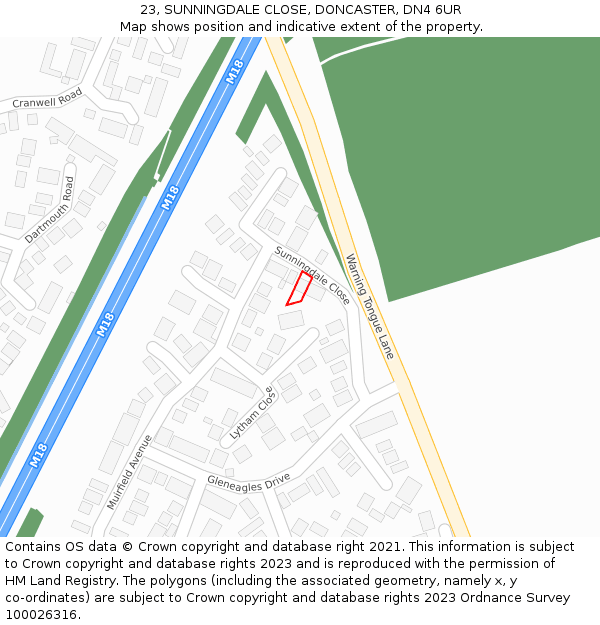 23, SUNNINGDALE CLOSE, DONCASTER, DN4 6UR: Location map and indicative extent of plot