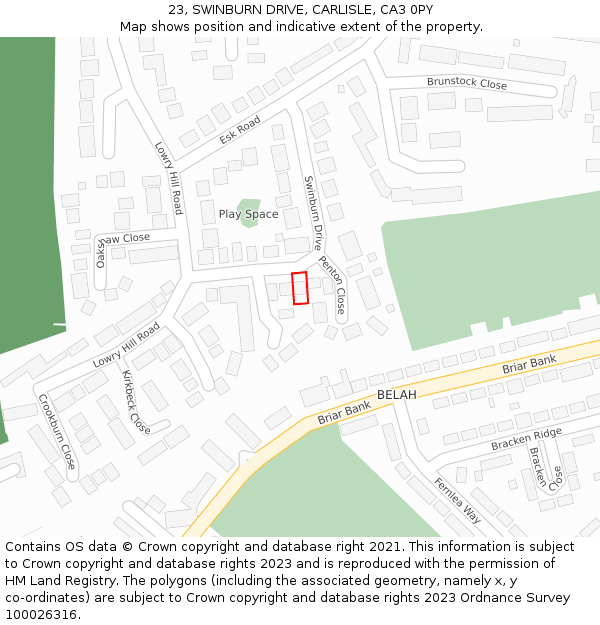 23, SWINBURN DRIVE, CARLISLE, CA3 0PY: Location map and indicative extent of plot