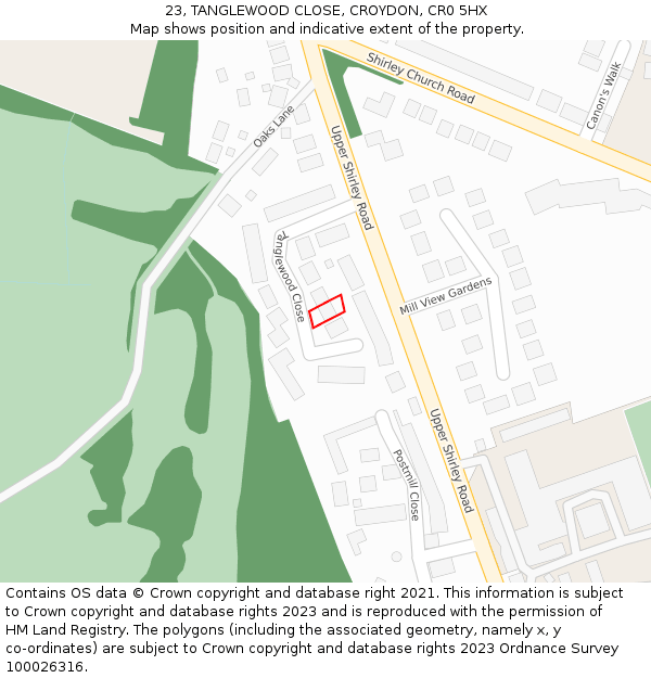 23, TANGLEWOOD CLOSE, CROYDON, CR0 5HX: Location map and indicative extent of plot