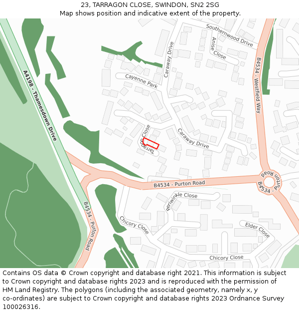 23, TARRAGON CLOSE, SWINDON, SN2 2SG: Location map and indicative extent of plot