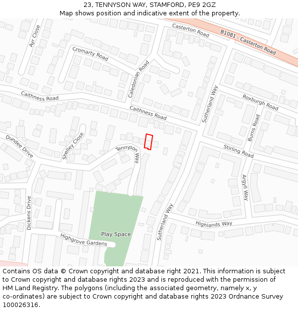 23, TENNYSON WAY, STAMFORD, PE9 2GZ: Location map and indicative extent of plot