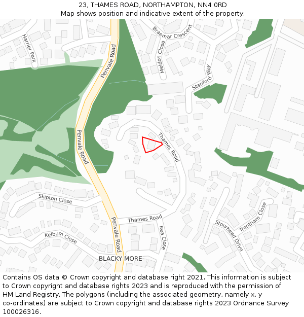 23, THAMES ROAD, NORTHAMPTON, NN4 0RD: Location map and indicative extent of plot