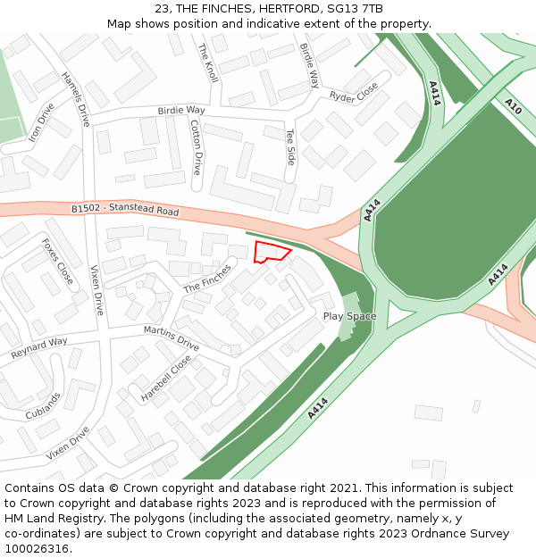 23, THE FINCHES, HERTFORD, SG13 7TB: Location map and indicative extent of plot