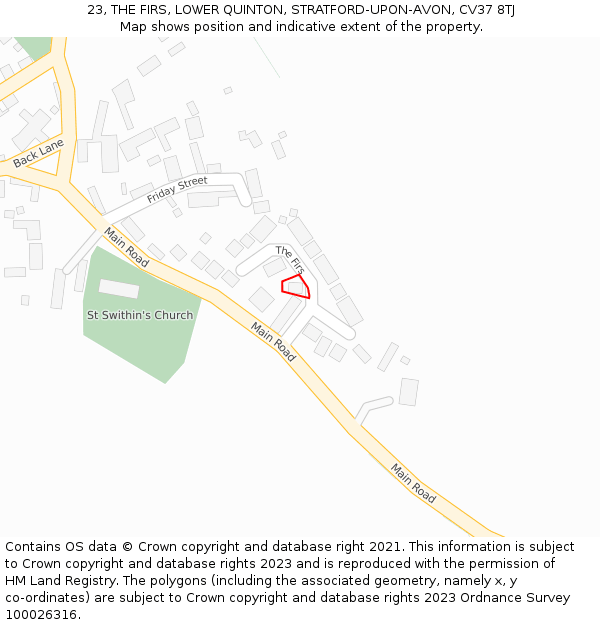 23, THE FIRS, LOWER QUINTON, STRATFORD-UPON-AVON, CV37 8TJ: Location map and indicative extent of plot