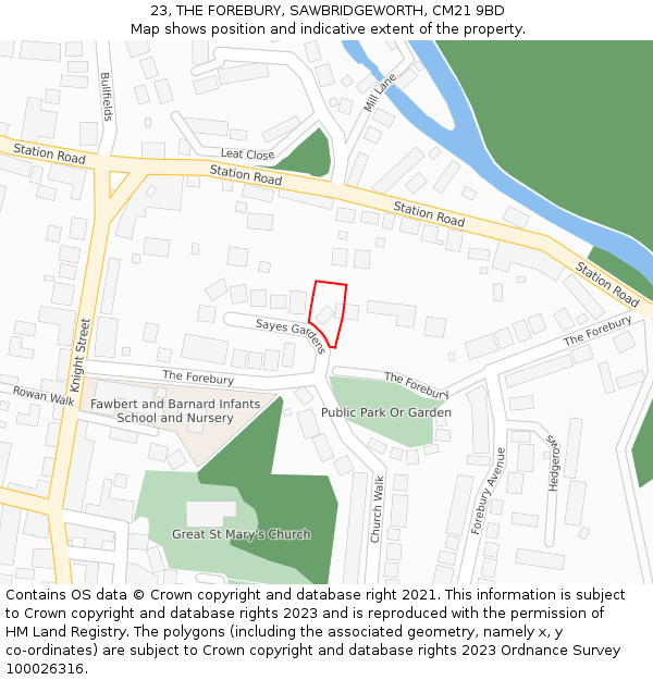 23, THE FOREBURY, SAWBRIDGEWORTH, CM21 9BD: Location map and indicative extent of plot