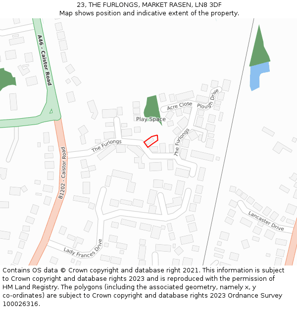 23, THE FURLONGS, MARKET RASEN, LN8 3DF: Location map and indicative extent of plot