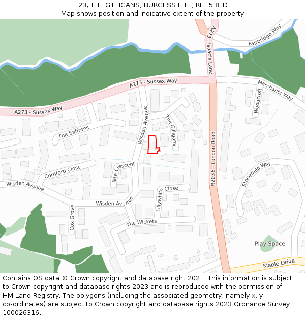 23, THE GILLIGANS, BURGESS HILL, RH15 8TD: Location map and indicative extent of plot