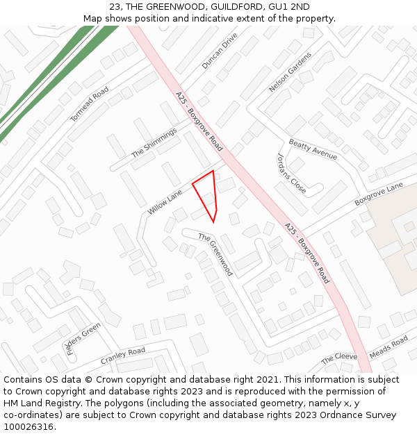 23, THE GREENWOOD, GUILDFORD, GU1 2ND: Location map and indicative extent of plot