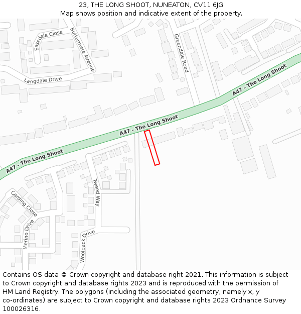 23, THE LONG SHOOT, NUNEATON, CV11 6JG: Location map and indicative extent of plot