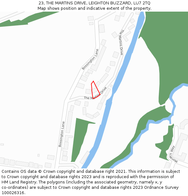 23, THE MARTINS DRIVE, LEIGHTON BUZZARD, LU7 2TQ: Location map and indicative extent of plot