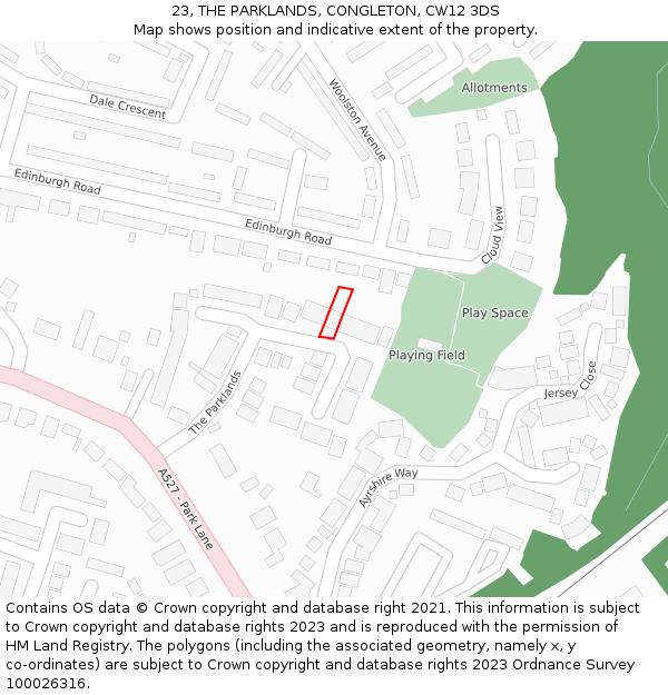 23, THE PARKLANDS, CONGLETON, CW12 3DS: Location map and indicative extent of plot