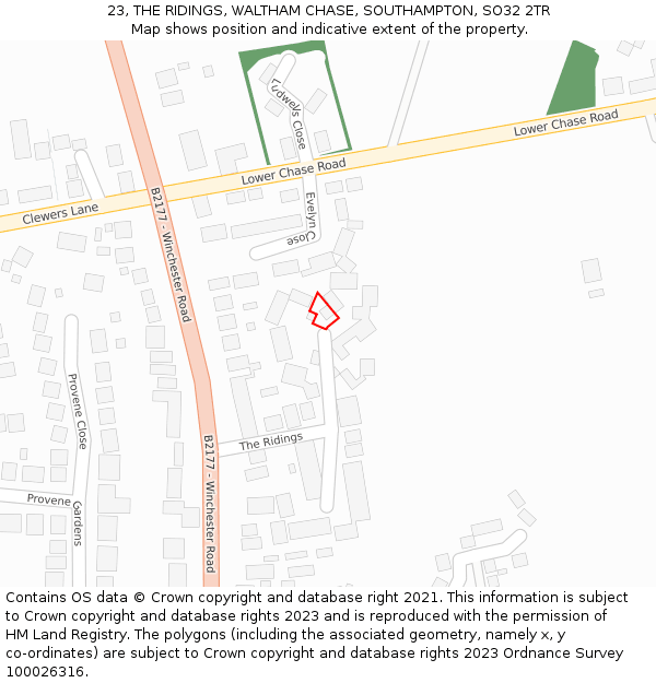 23, THE RIDINGS, WALTHAM CHASE, SOUTHAMPTON, SO32 2TR: Location map and indicative extent of plot
