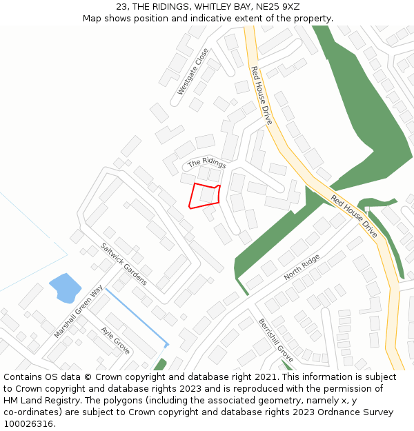 23, THE RIDINGS, WHITLEY BAY, NE25 9XZ: Location map and indicative extent of plot