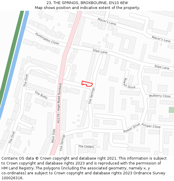 23, THE SPRINGS, BROXBOURNE, EN10 6EW: Location map and indicative extent of plot