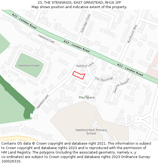 23, THE STENNINGS, EAST GRINSTEAD, RH19 1PF: Location map and indicative extent of plot