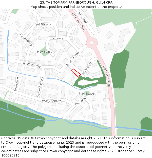 23, THE TOPIARY, FARNBOROUGH, GU14 0RA: Location map and indicative extent of plot