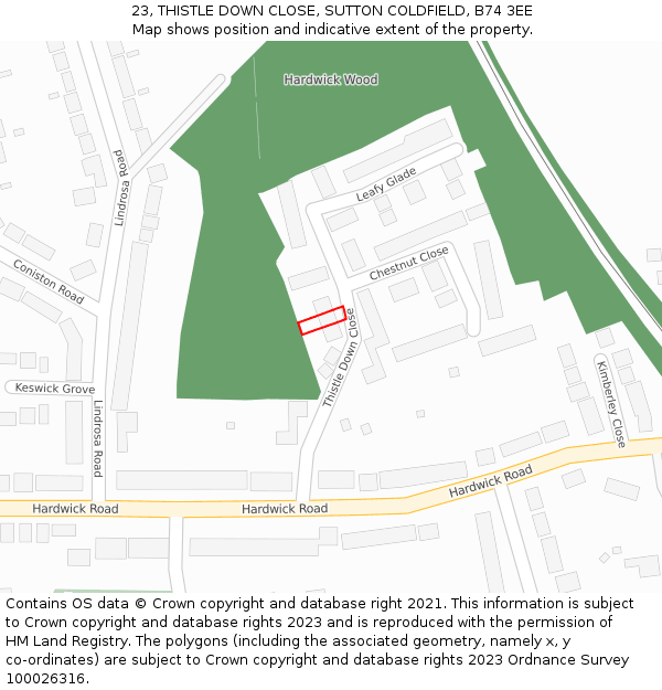 23, THISTLE DOWN CLOSE, SUTTON COLDFIELD, B74 3EE: Location map and indicative extent of plot