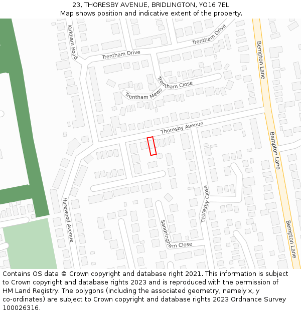 23, THORESBY AVENUE, BRIDLINGTON, YO16 7EL: Location map and indicative extent of plot