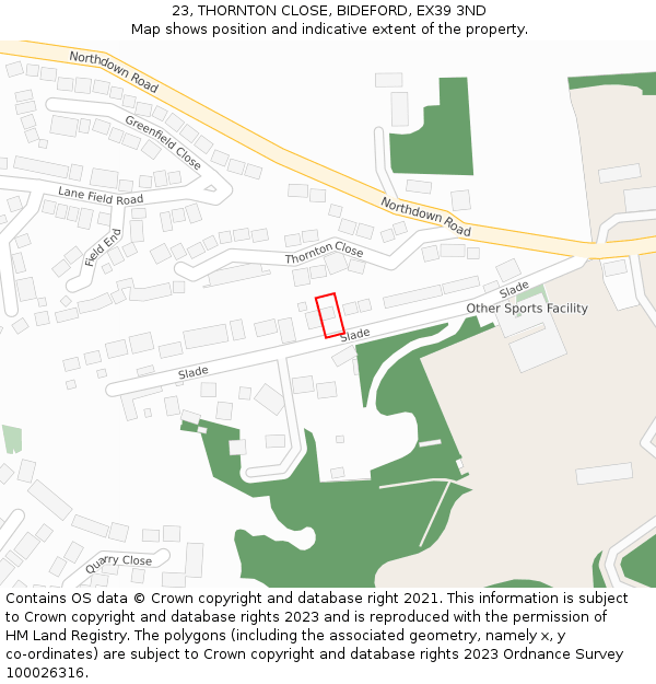 23, THORNTON CLOSE, BIDEFORD, EX39 3ND: Location map and indicative extent of plot