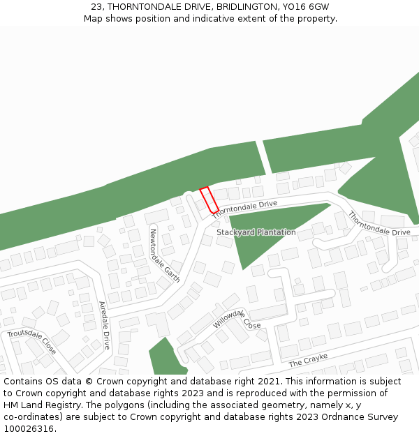 23, THORNTONDALE DRIVE, BRIDLINGTON, YO16 6GW: Location map and indicative extent of plot