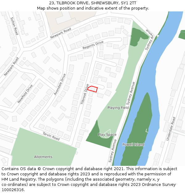 23, TILBROOK DRIVE, SHREWSBURY, SY1 2TT: Location map and indicative extent of plot