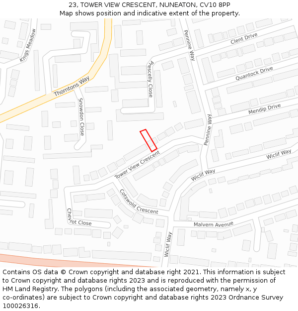 23, TOWER VIEW CRESCENT, NUNEATON, CV10 8PP: Location map and indicative extent of plot