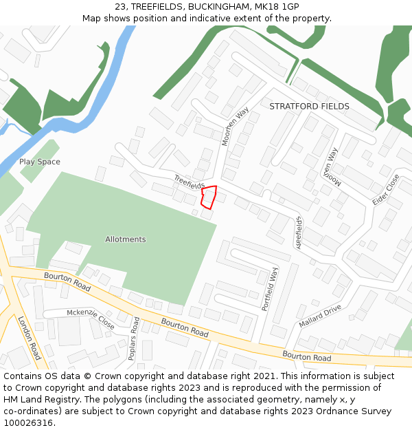 23, TREEFIELDS, BUCKINGHAM, MK18 1GP: Location map and indicative extent of plot