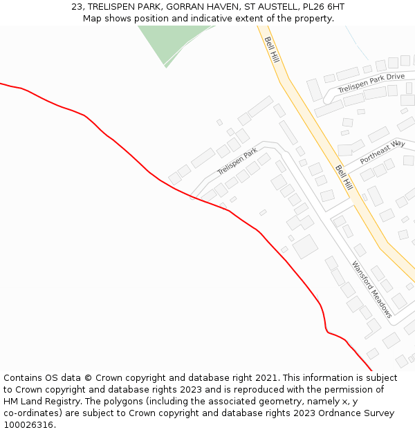 23, TRELISPEN PARK, GORRAN HAVEN, ST AUSTELL, PL26 6HT: Location map and indicative extent of plot